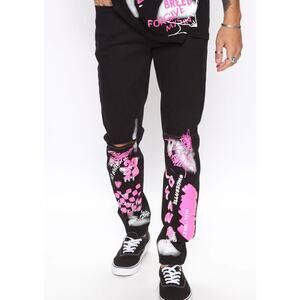 Men's Fashion Nova Men's Black Distressed Knee Printed Skinny Jeans sz 30